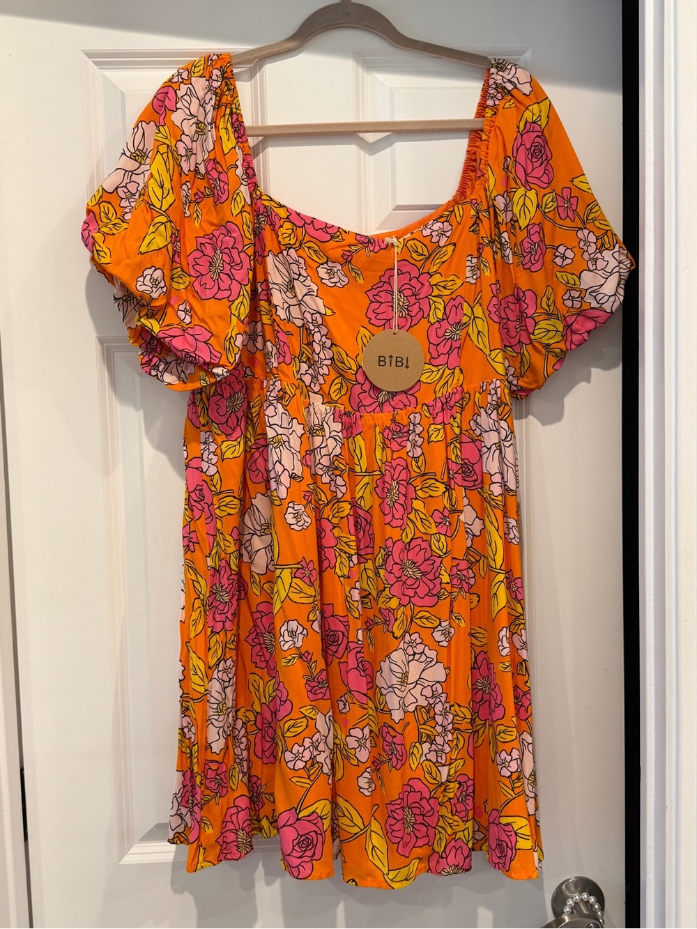 BiBi Orange Floral Puff Sleeve Mini Dress with Pink Accents